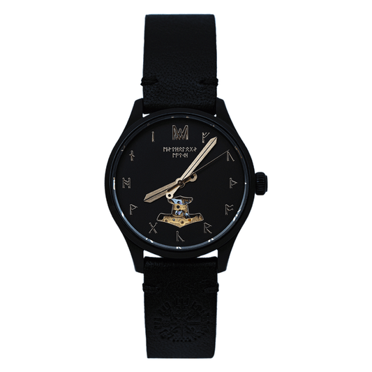 Odin Leather Black Black Gold Automatic Watch
