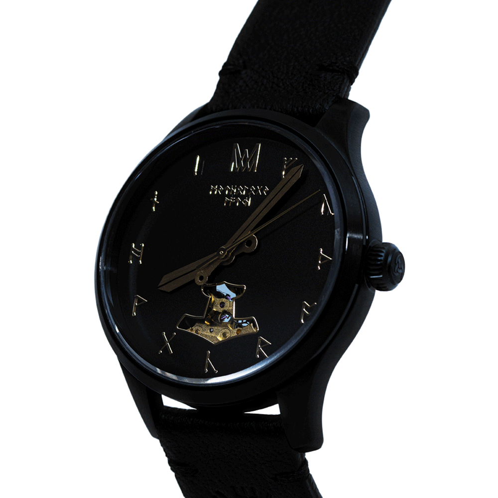 Odin Leather Black Black Gold Automatic Watch