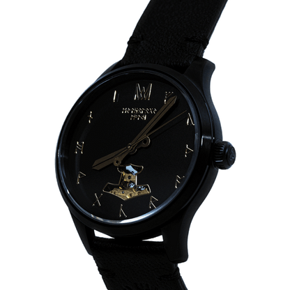 Odin Leather Black Black Gold Automatic Watch